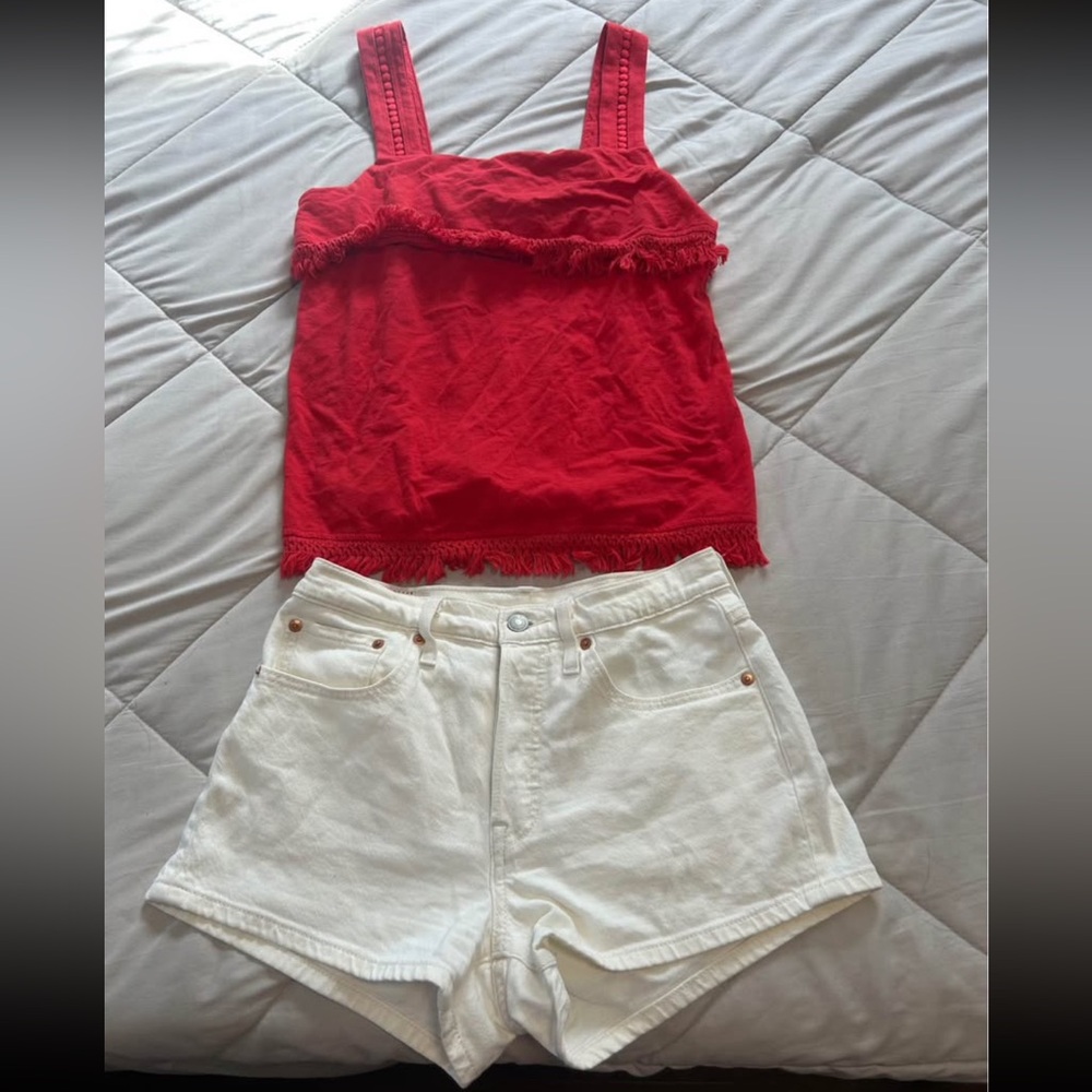 Red J.Crew Tank Top (XS) | White Levi Shorts W26 (Worn Once) Bundle